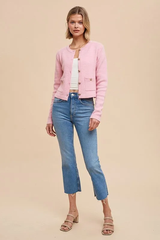 Alicia Long Sleeve Baroque Button Down Cardigan Pink