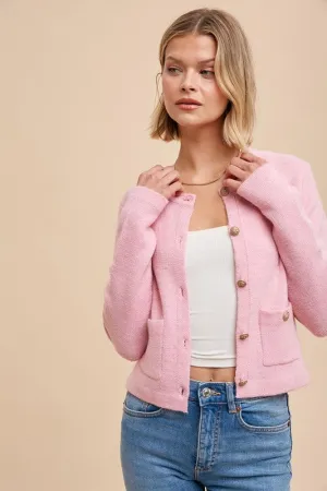 Alicia Long Sleeve Baroque Button Down Cardigan Pink