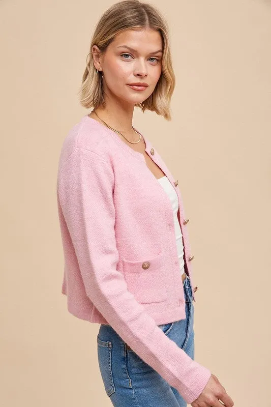 Alicia Long Sleeve Baroque Button Down Cardigan Pink