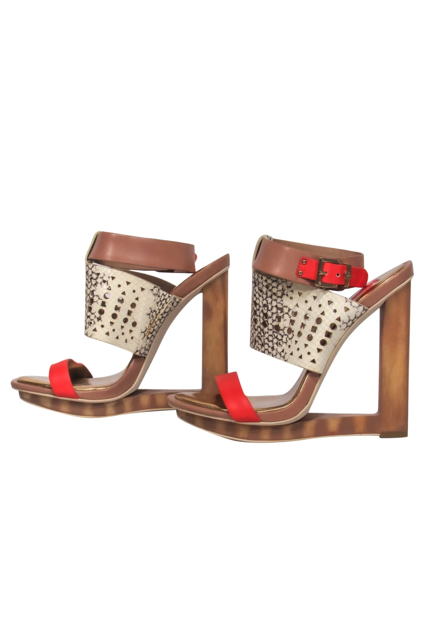 BCBG Max Azria - Orange & Snake Print Open Toe Wooden Hollow Wedge Sz 8
