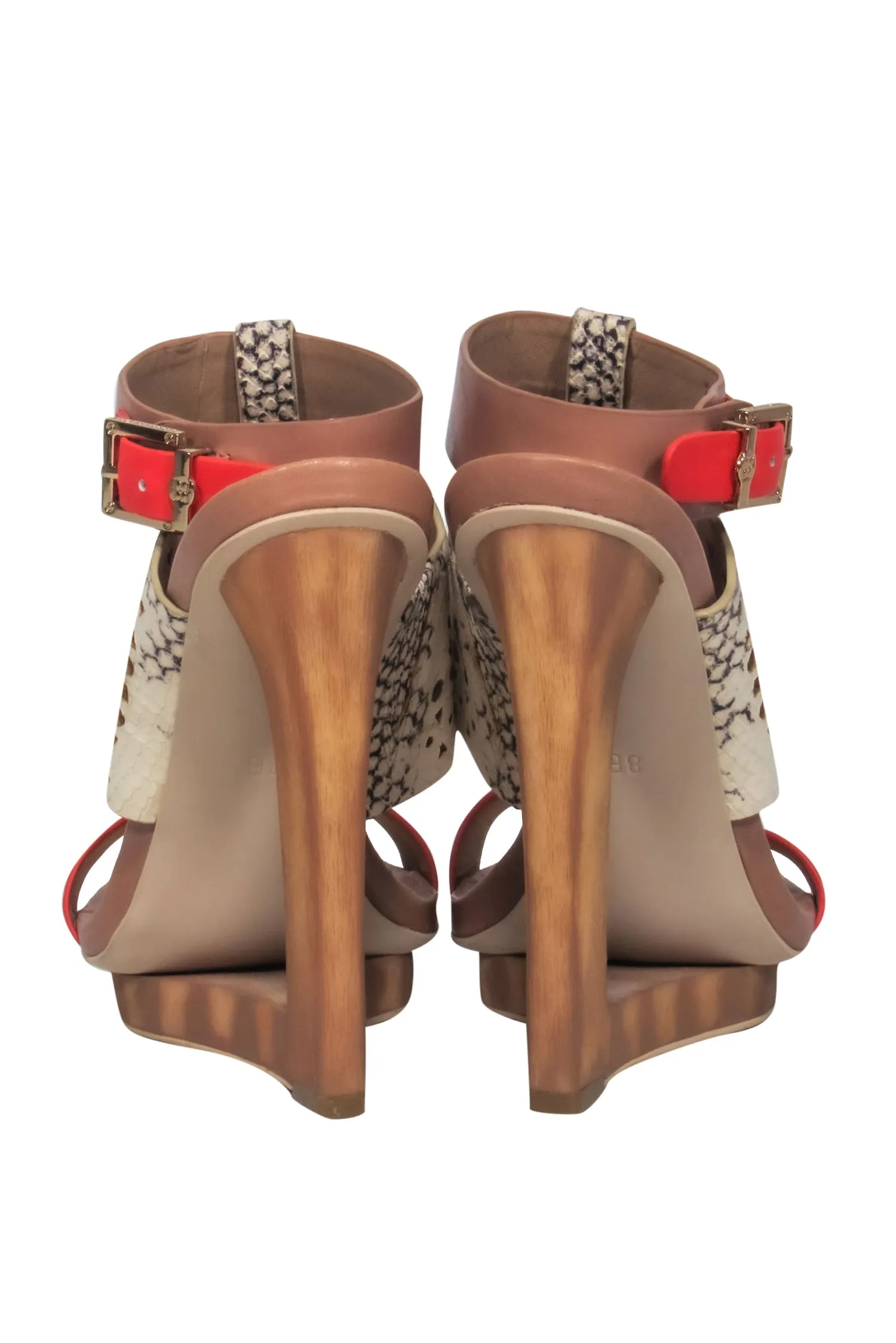 BCBG Max Azria - Orange & Snake Print Open Toe Wooden Hollow Wedge Sz 8