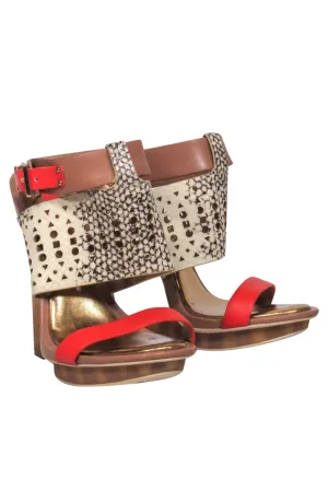 BCBG Max Azria - Orange & Snake Print Open Toe Wooden Hollow Wedge Sz 8