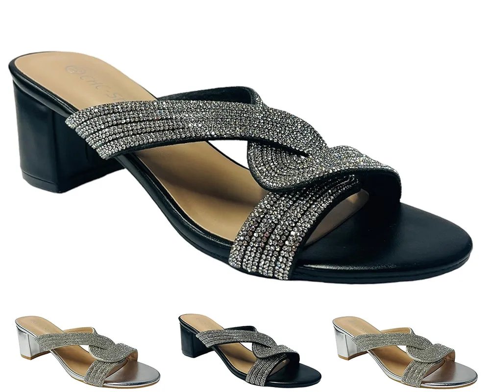 Block Heel Strap Rhinestones Sandals