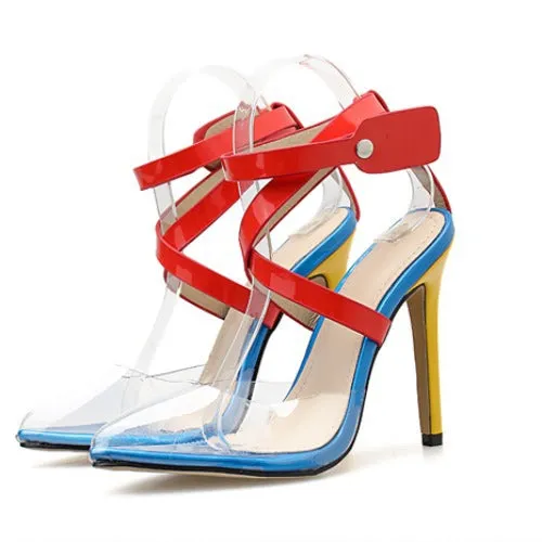 Color matching pointed crossover sandals with stiletto heels