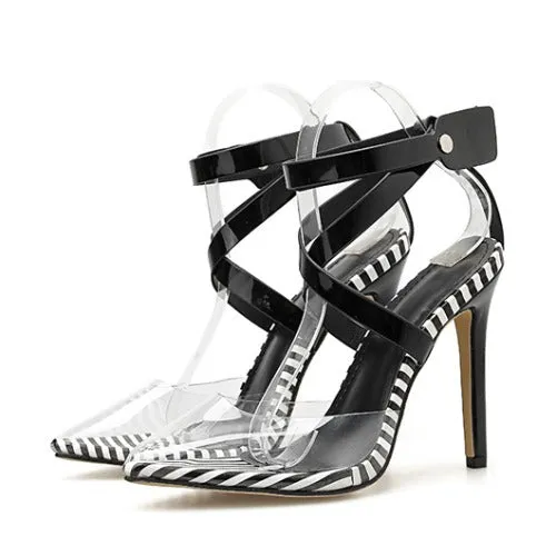 Color matching pointed crossover sandals with stiletto heels