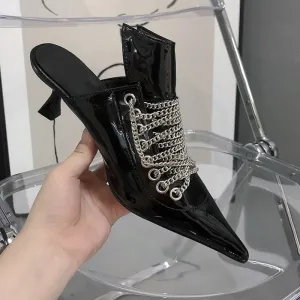 Fashion Catwalk Women&; Mules Shoes Summer New Black Pointed Toe Metal Chain High Heels Flip Flops Causal Slides