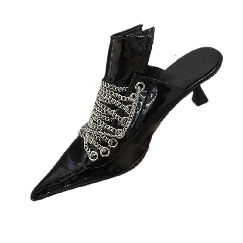 Fashion Catwalk Women&; Mules Shoes Summer New Black Pointed Toe Metal Chain High Heels Flip Flops Causal Slides