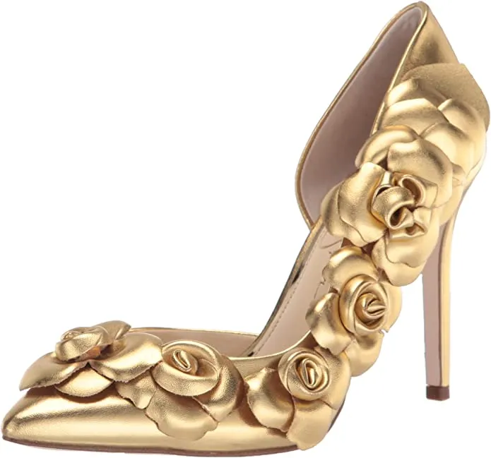 Jessica Simpson Pointesta Karat Gold Flower Embellished D'Orsay Stiletto Pumps