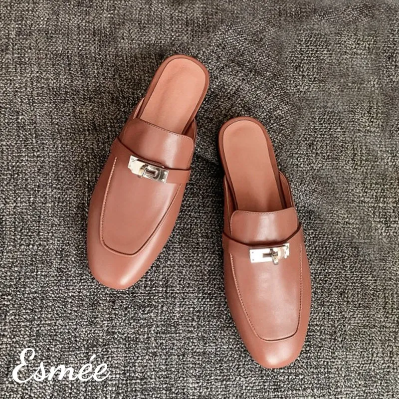 Leather Mules with Silver Plated Metal