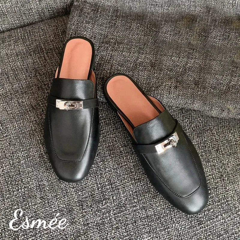 Leather Mules with Silver Plated Metal