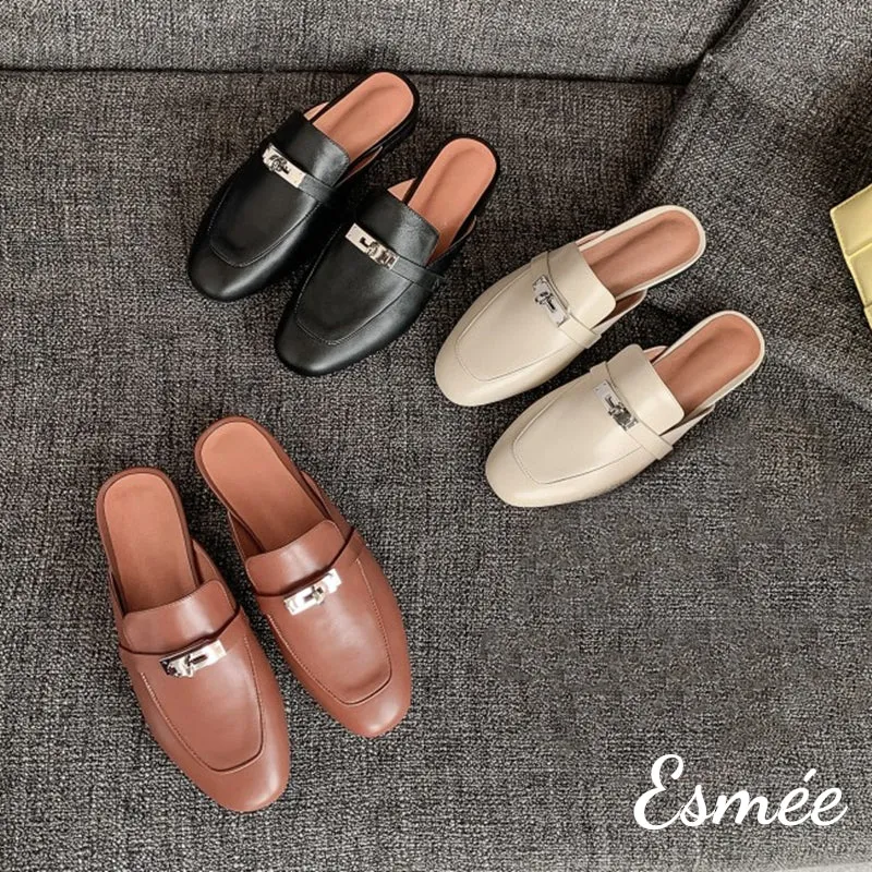 Leather Mules with Silver Plated Metal