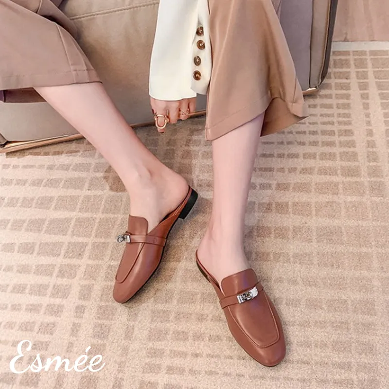 Leather Mules with Silver Plated Metal