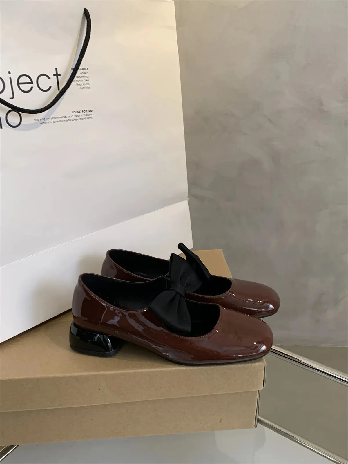 MQTIME  -  Butterfly Knot Med Heels Loafers British Style School Shoes Preppy Style Young Lady Daily Wear French Square Toe Chunky Heel Sho