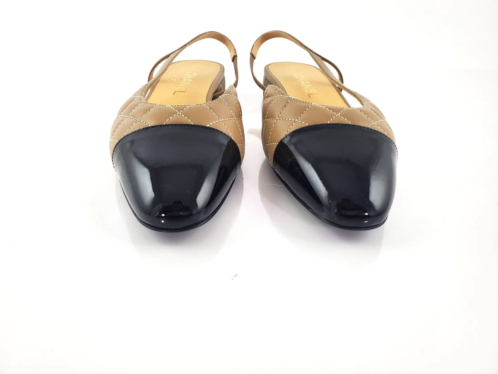 New CHANEL 22A Bi Color Beige Black Patent Slingbacks 39