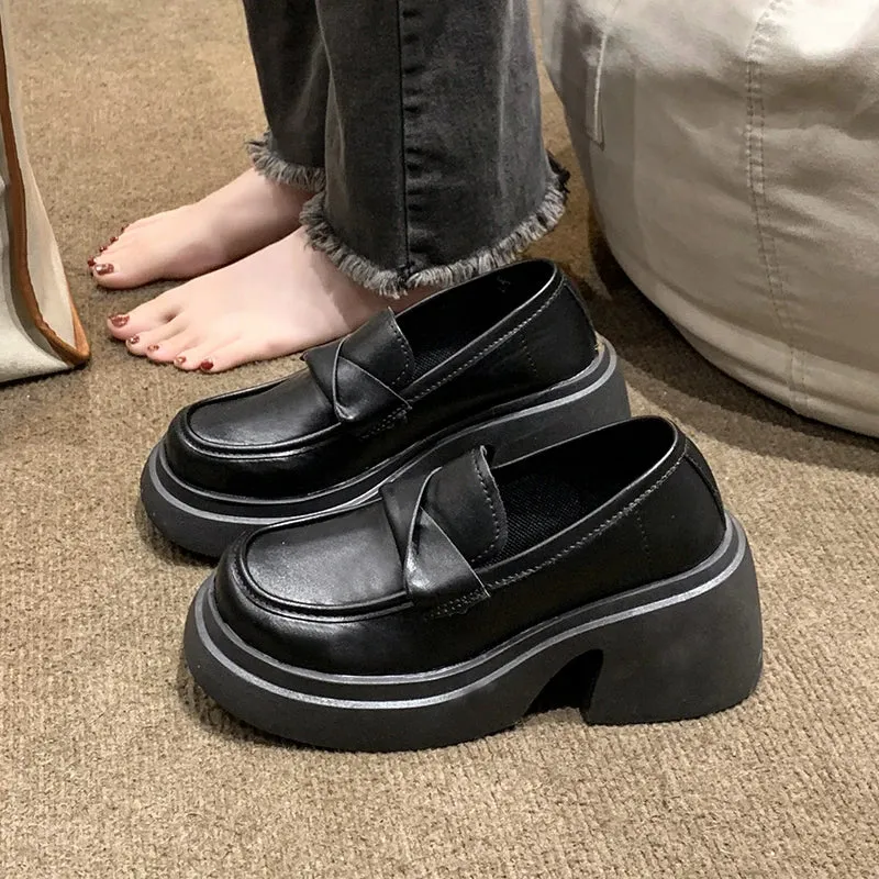 Sohiwoo British Style Platform Loafers Women 2024 Round Toe Thick Bottom Single Shoes Woman Pu Leather Chunky Heels Shoes Women Mujer