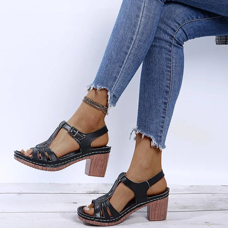 Women summer peep toe buckle ankle strap chunky sandals