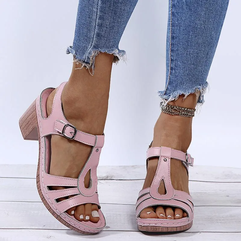Women summer peep toe buckle ankle strap chunky sandals