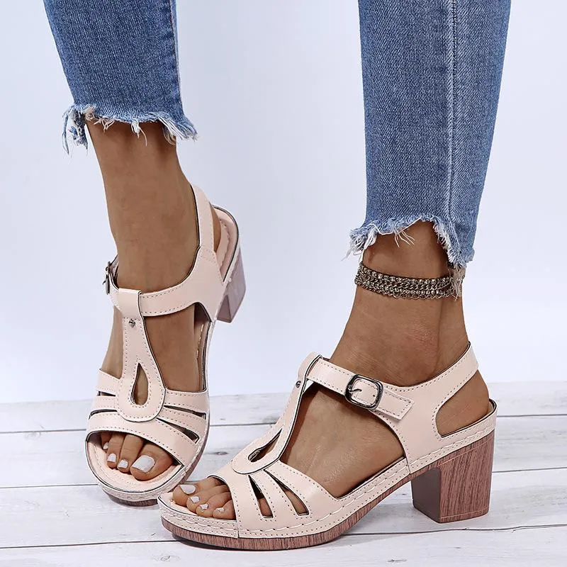 Women summer peep toe buckle ankle strap chunky sandals