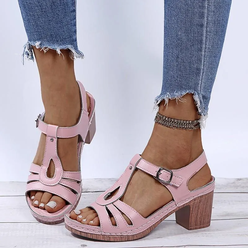 Women summer peep toe buckle ankle strap chunky sandals