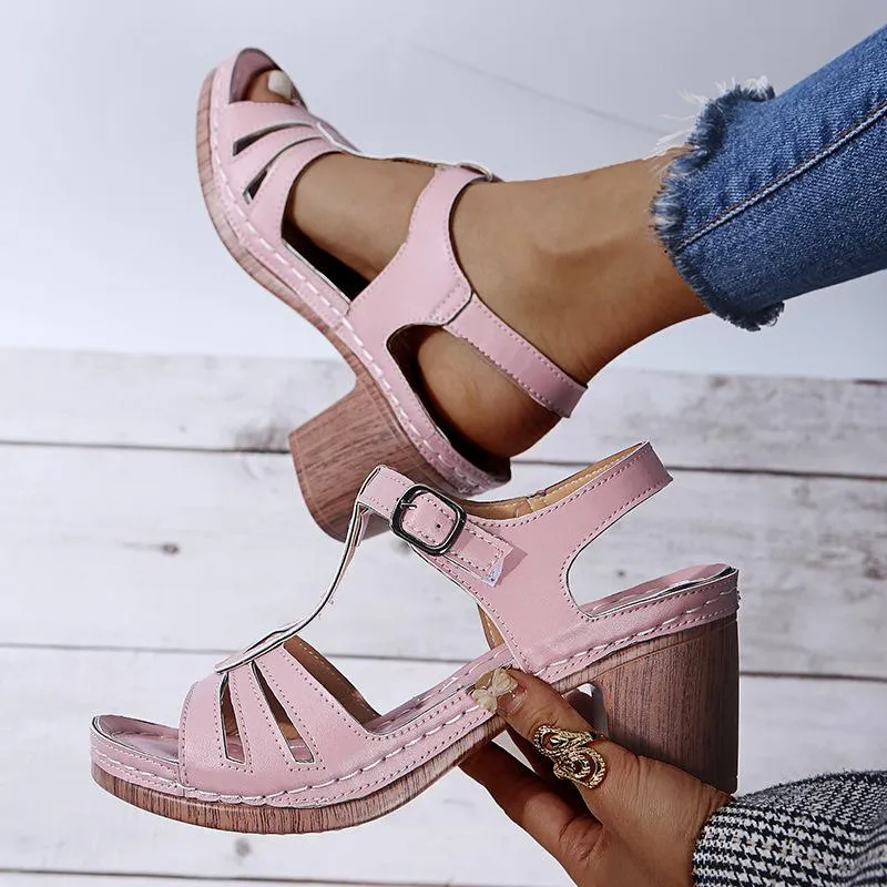 Women summer peep toe buckle ankle strap chunky sandals