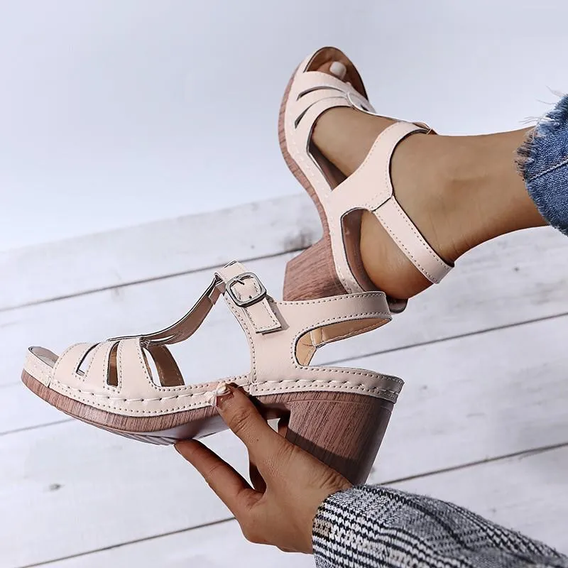 Women summer peep toe buckle ankle strap chunky sandals
